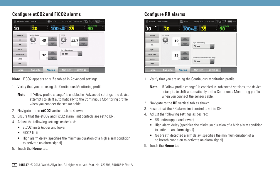 Configure rr alarms, Configure etco2 and fico2 alarms | Welch Allyn Connex Vital Signs Monitor CO2 - Quick Reference Guide User Manual | Page 2 / 2