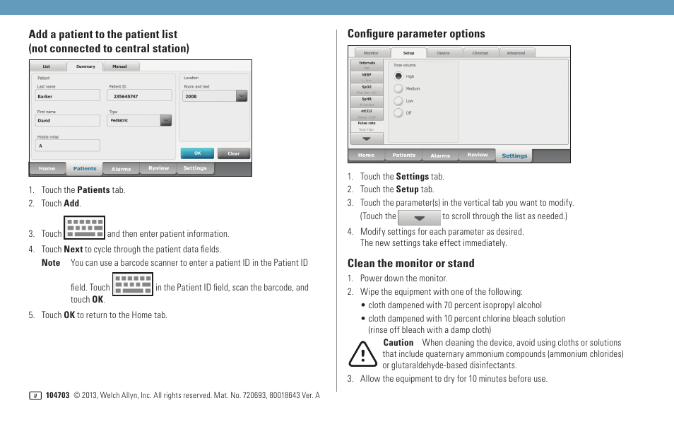 Configure parameter options, Clean the monitor or stand | Welch Allyn Connex Vital Signs Monitor Base Set - Quick Reference Guide User Manual | Page 4 / 4