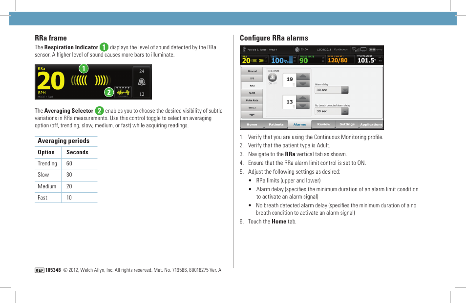 Rra frame, Configure rra alarms | Welch Allyn VSM6000 Connect RRA - Quick Reference Guide User Manual | Page 2 / 2