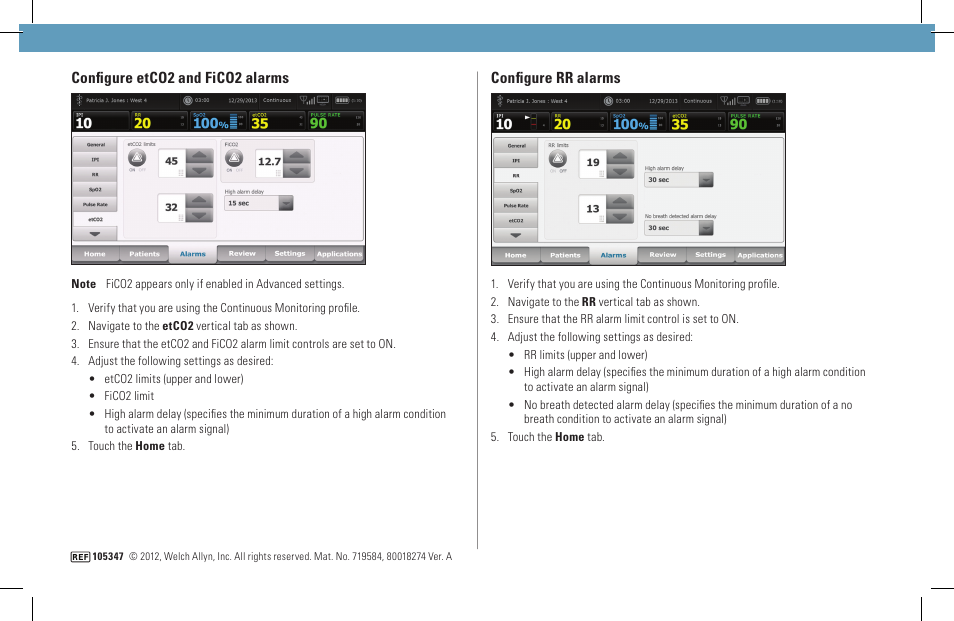 Configure rr alarms, Configure etco2 and fico2 alarms | Welch Allyn VSM6000 Connect C02 - Quick Reference Guide User Manual | Page 2 / 2