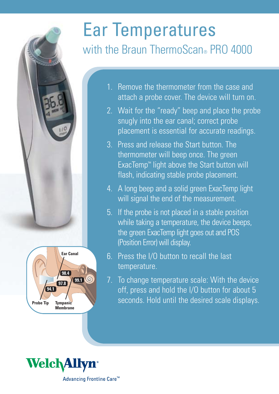 Welch Allyn Tips for taking Ear Temperature with the Braun ThermoScan Pro4000 - Quick Reference Guide User Manual | 2 pages