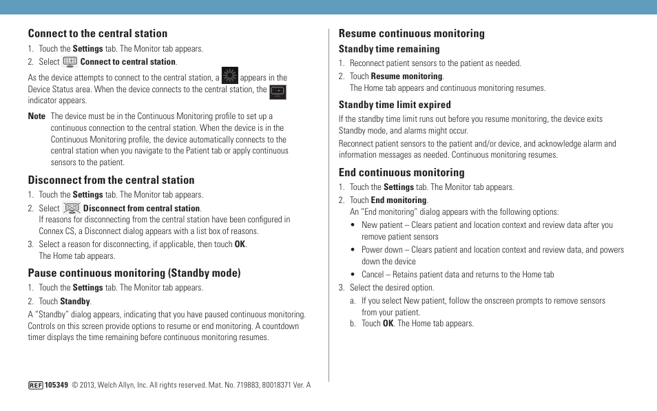Connect to the central station, Disconnect from the central station, Pause continuous monitoring (standby mode) | Resume continuous monitoring, End continuous monitoring | Welch Allyn Connex Central Station Quick Reference Card - Quick Reference Guide User Manual | Page 2 / 2
