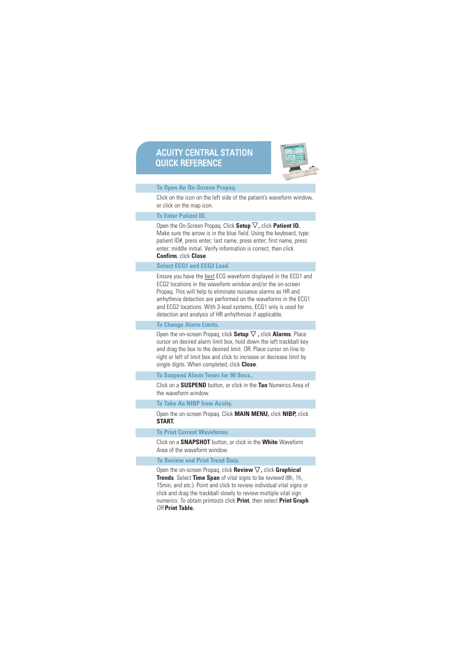 Welch Allyn Acuity Central Station - Quick Reference Guide User Manual | 2 pages