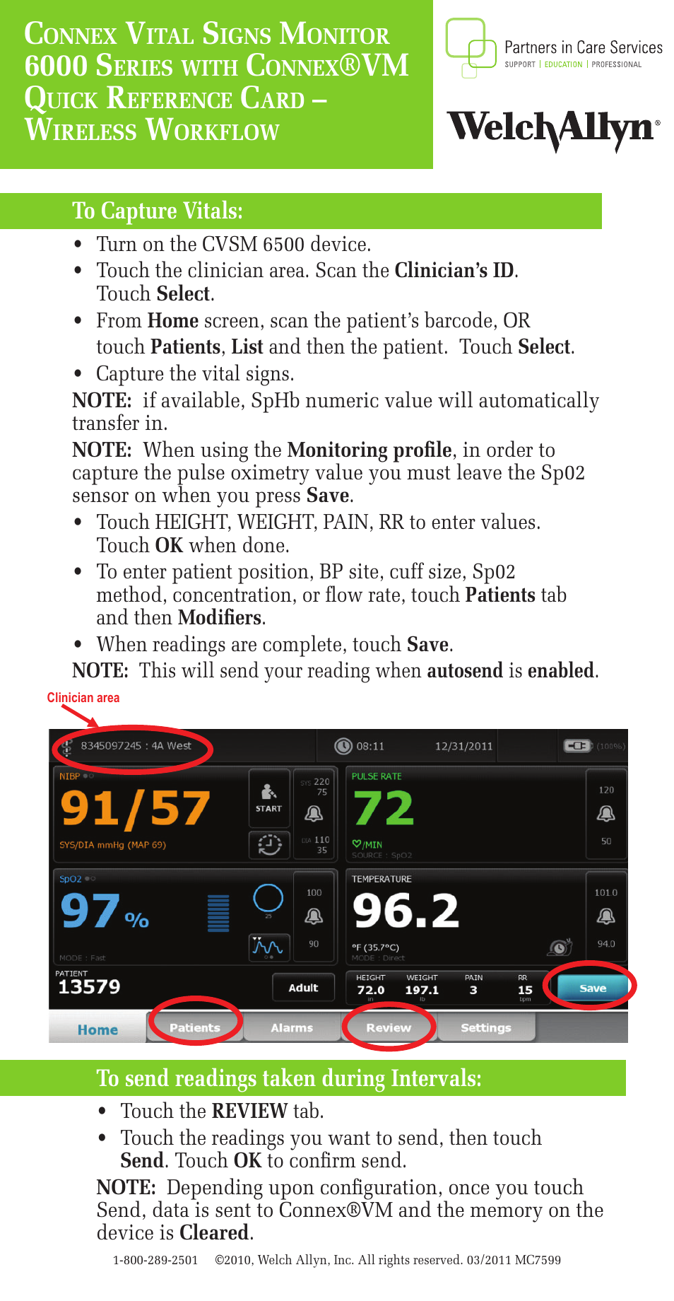 Welch Allyn Connex Vital Signs Monitor 6000 Series with ConnexVM Wireless Workflow - Quick Reference Guide User Manual | 1 page