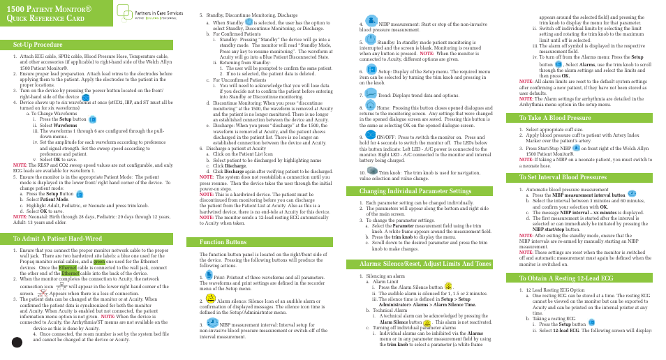 Welch Allyn 1500 Patient Monitor, Quick Reference Card - Quick Reference Guide User Manual | 2 pages