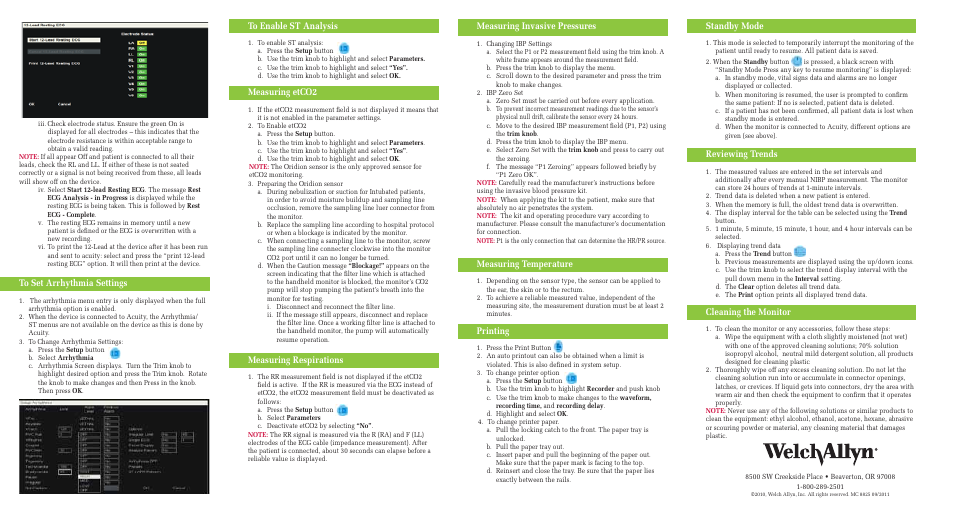 Measuring temperature, Printing, Standby mode | Reviewing trends, Cleaning the monitor, Measuring respirations, Measuring invasive pressures, Measuring etco2 | Welch Allyn 1500 Patient Monitor, Quick Reference Card - Quick Reference Guide User Manual | Page 2 / 2