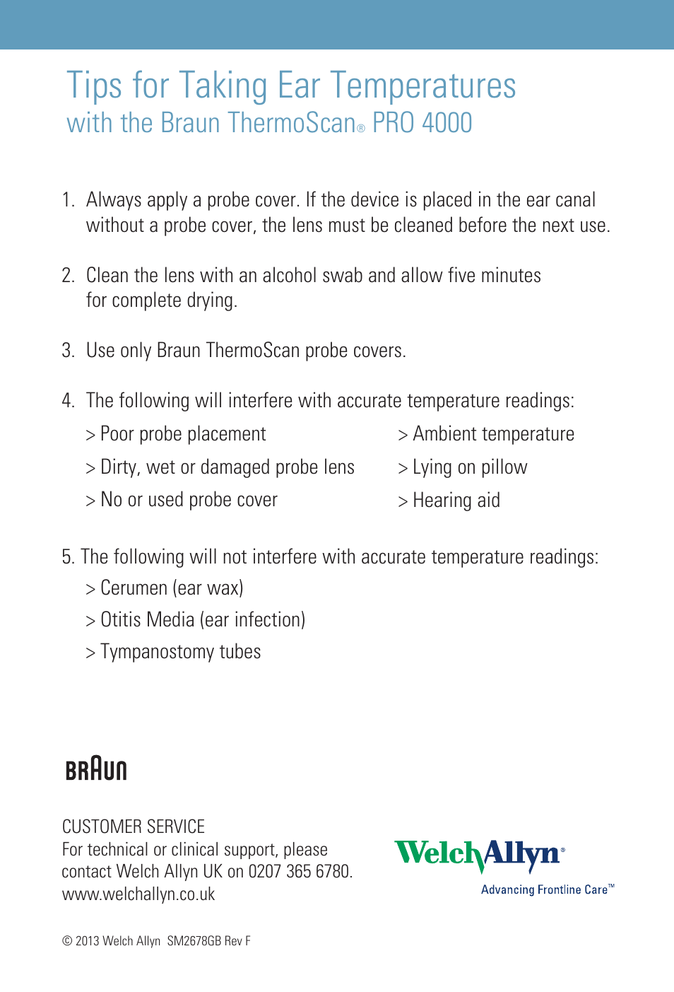 Tips for taking ear temperatures, With the braun thermoscan, Pro 4000 | Welch Allyn Ear Temperatures with the Braun ThermoScan PRO 4000 - Quick Reference Guide User Manual | Page 2 / 2