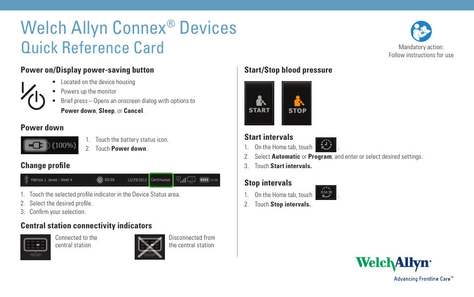 Welch Allyn Connex Quick Reference Card - Quick Reference Guide User Manual | 4 pages