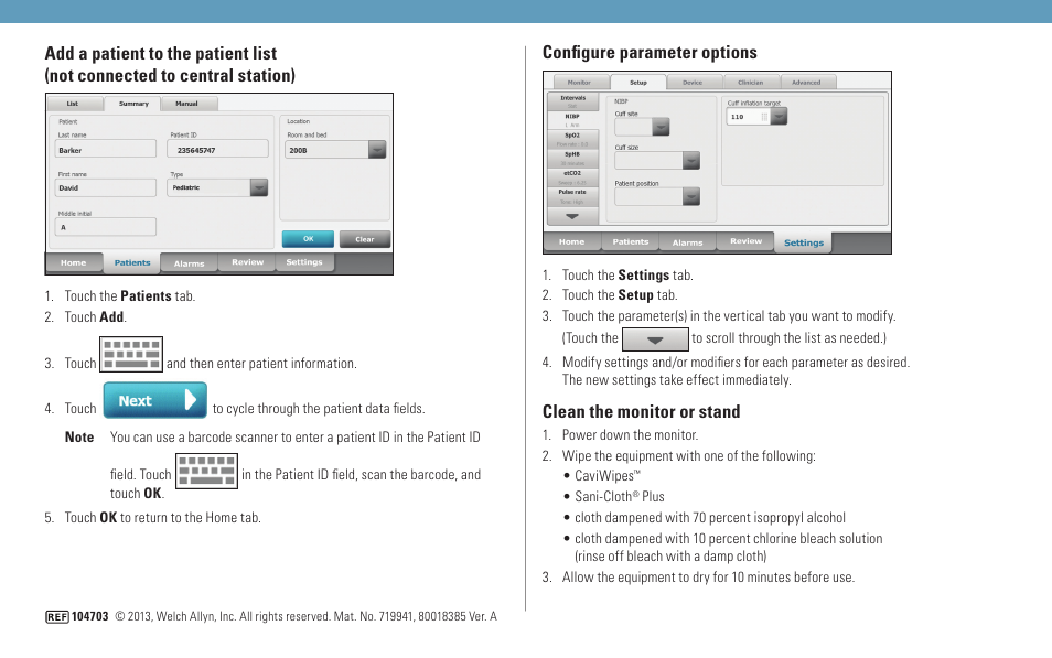 Configure parameter options, Clean the monitor or stand | Welch Allyn Connex Quick Reference Card - Quick Reference Guide User Manual | Page 4 / 4