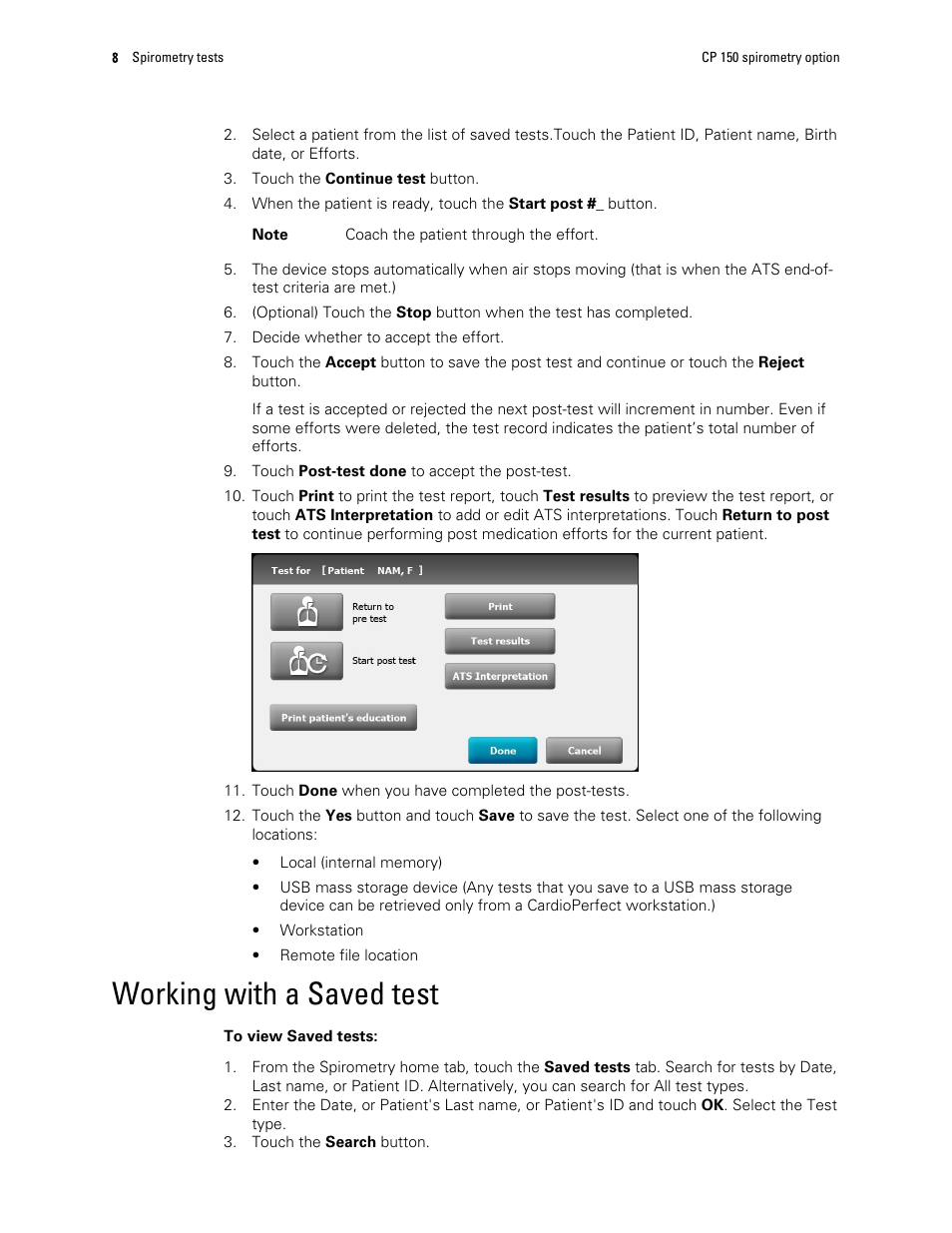 Working with a saved test | Welch Allyn CP150 Spirometry - Quick Reference Guide User Manual | Page 10 / 16
