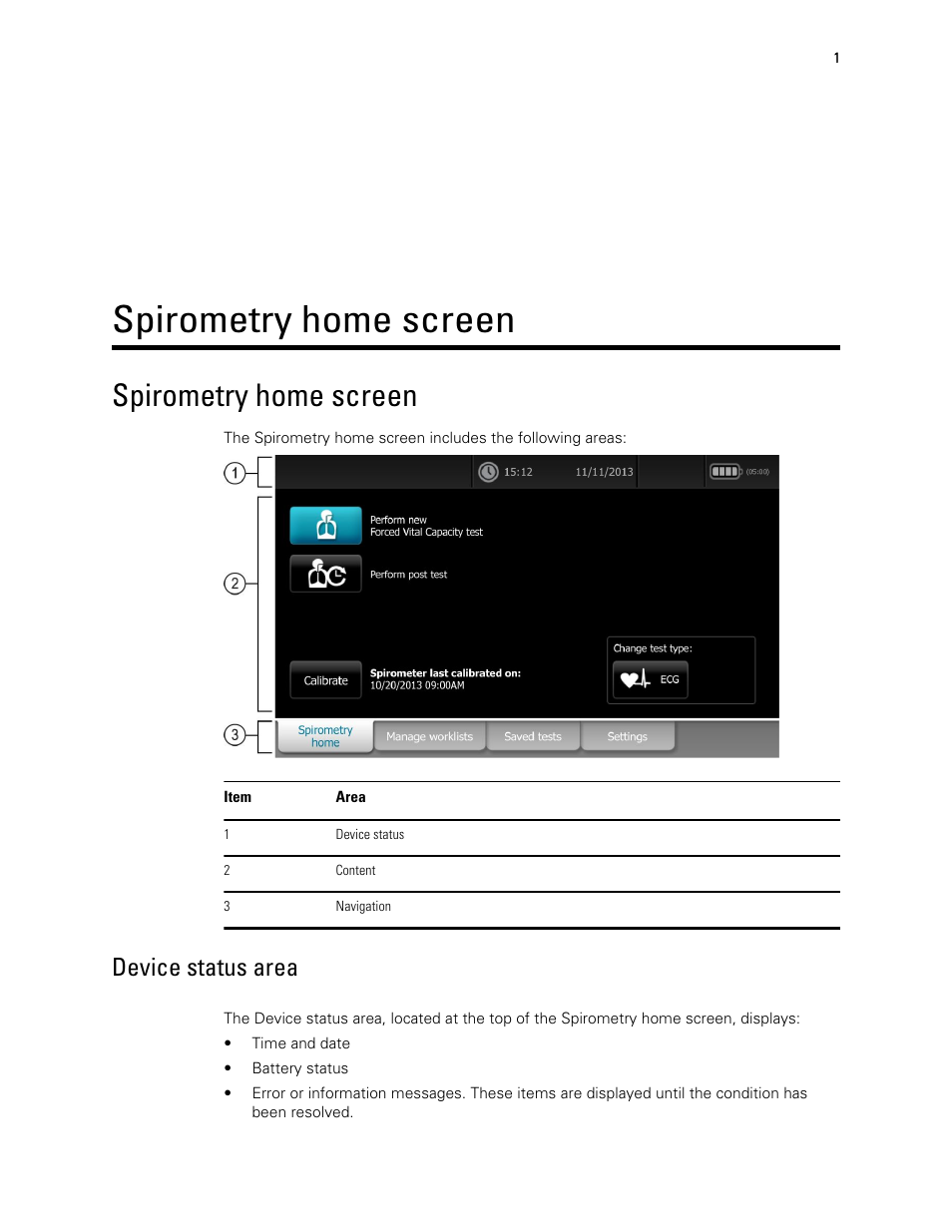 Spirometry home screen, Device status area | Welch Allyn CP150 Spirometry - Quick Reference Guide User Manual | Page 3 / 16