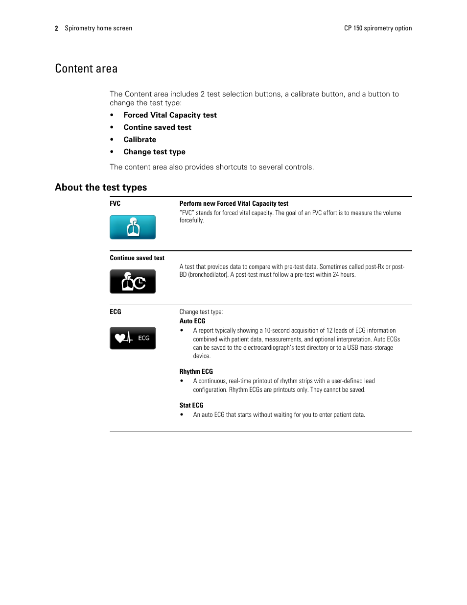 Content area, About the test types | Welch Allyn CP150 Spirometry - Quick Reference Guide User Manual | Page 4 / 16