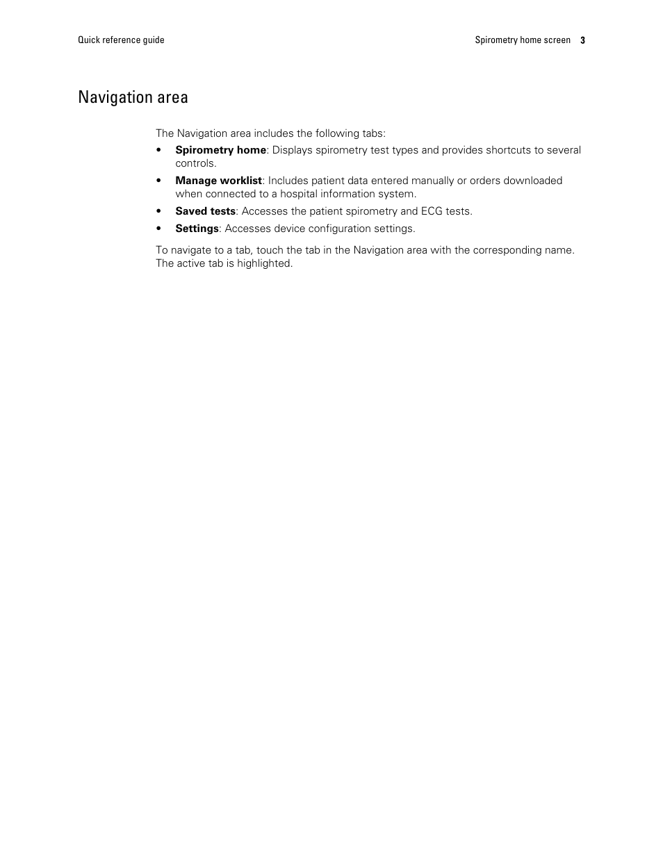 Navigation area | Welch Allyn CP150 Spirometry - Quick Reference Guide User Manual | Page 5 / 16