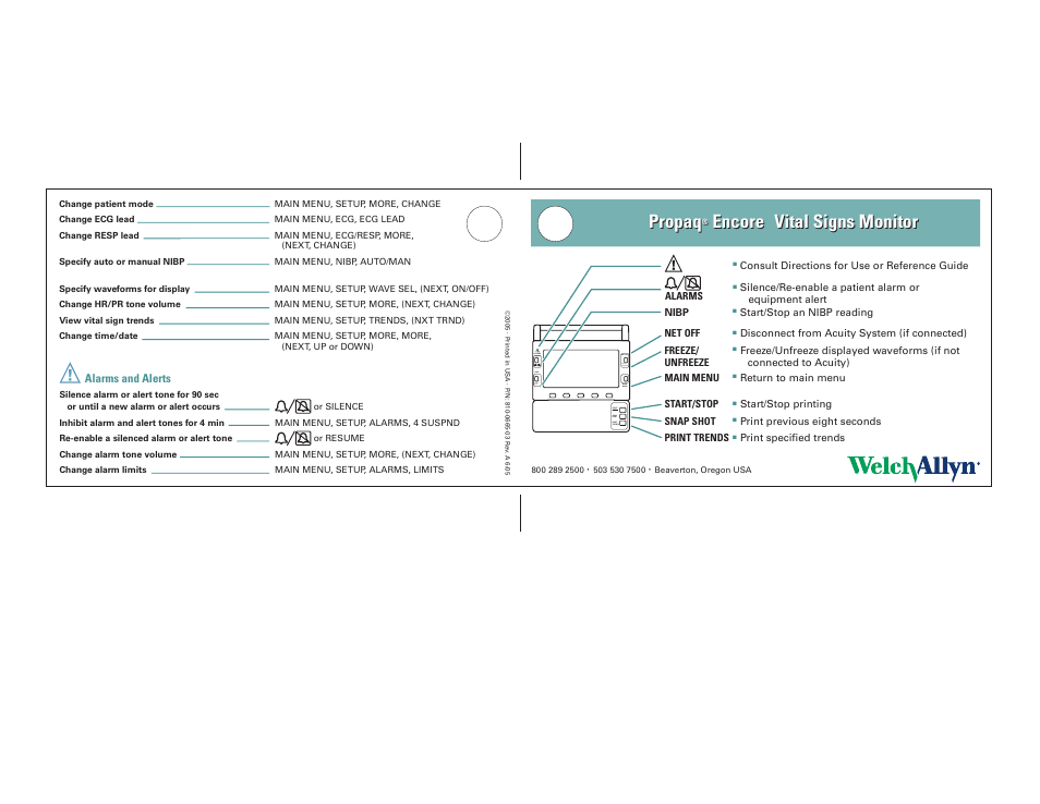 Welch Allyn Vital Signs Monitor, Propaq Encore - Quick Reference Guide User Manual | 1 page