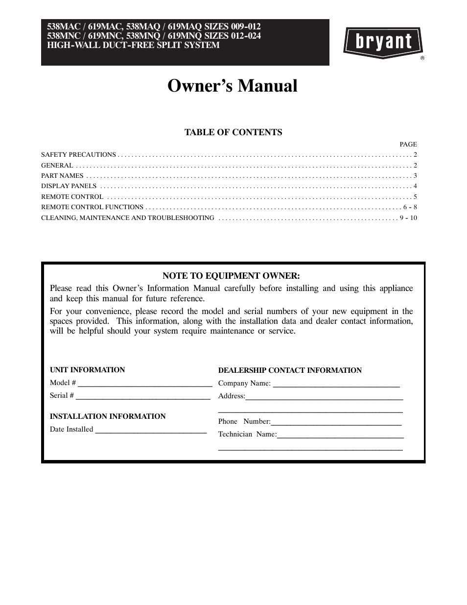Bryant 538MNC User Manual | 10 pages