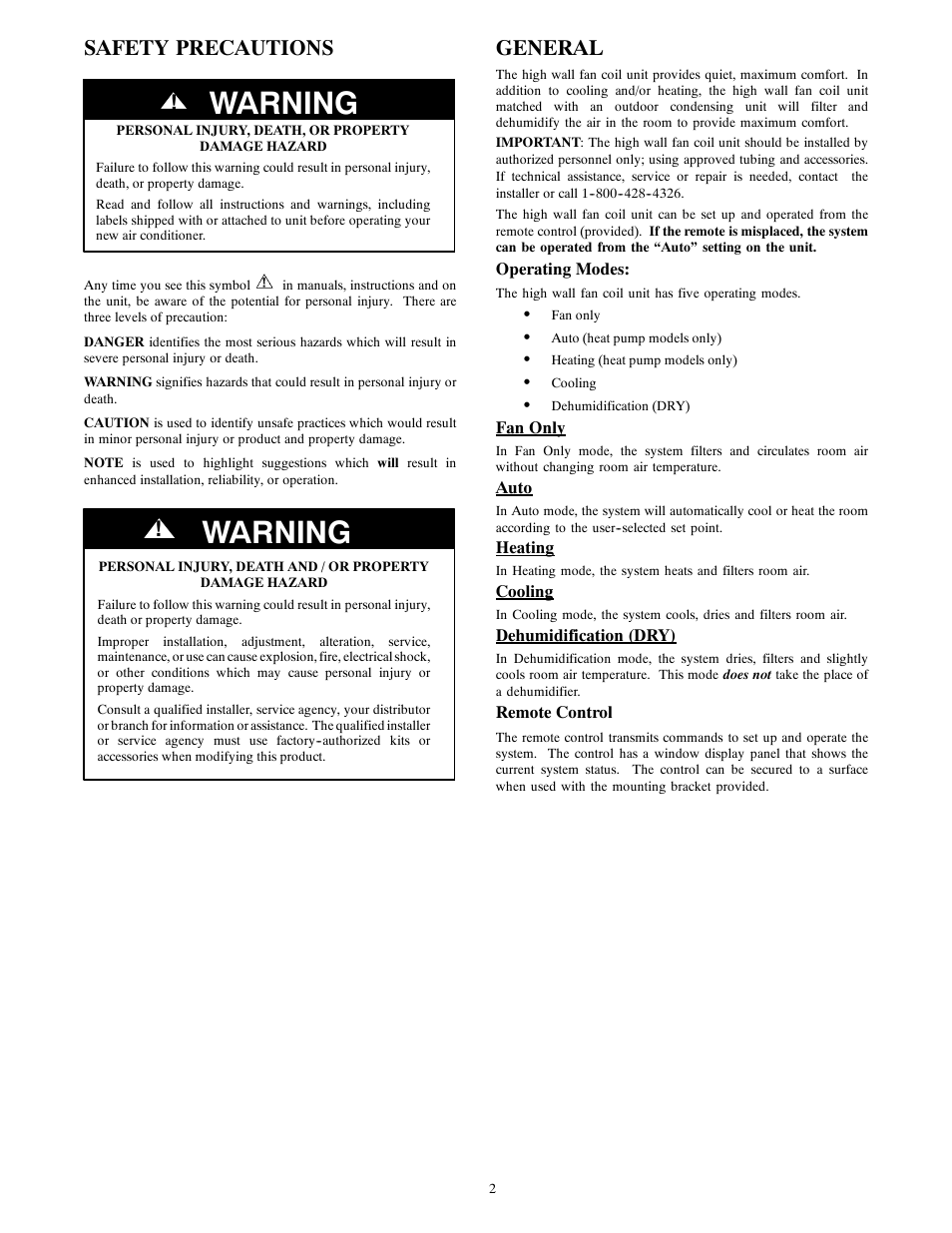 Warning, Safety precautions, General | Bryant 538MNC User Manual | Page 2 / 10