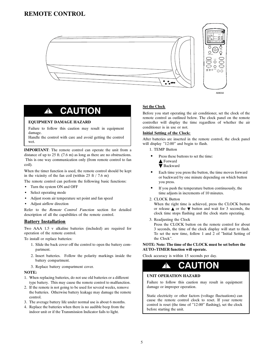 Caution, Remote control, Battery installation | Bryant 538MNC User Manual | Page 5 / 10