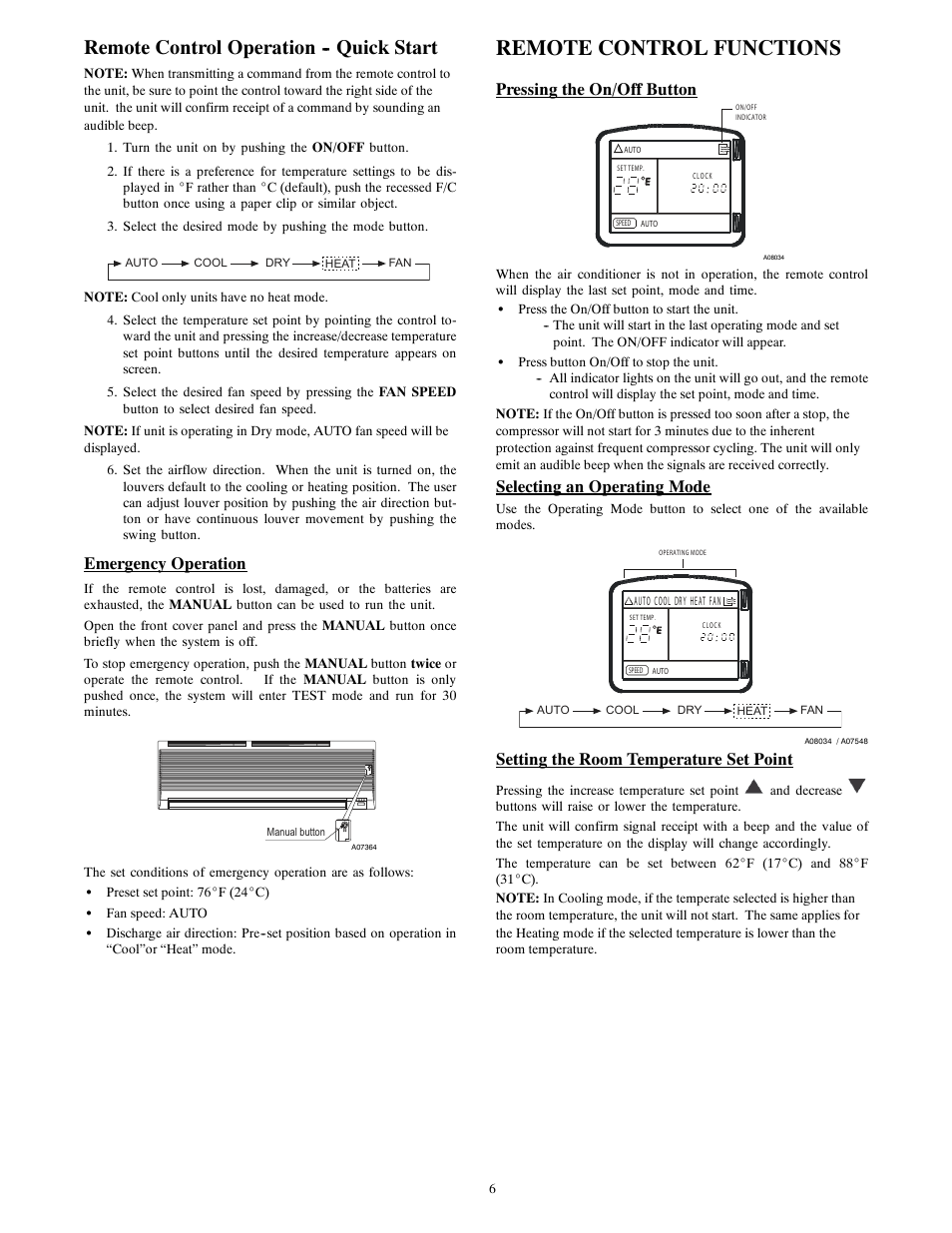 Remote control functions, Remote control operation -- quick start, Emergency operation | Pressing the on/off button, Selecting an operating mode, Setting the room temperature set point | Bryant 538MNC User Manual | Page 6 / 10
