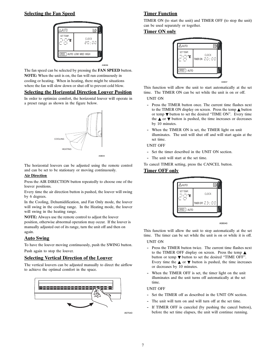 Selecting the fan speed, Selecting the horizontal direction louver position, Auto swing | Selecting vertical direction of the louver, Timer function, Timer on only, Timer off only | Bryant 538MNC User Manual | Page 7 / 10