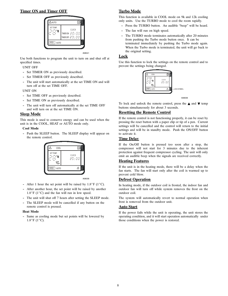Timer on and timer off, Sleep mode, Turbo mode | Lock, Resetting the remote control, Time delay, Heating features, Defrost operation, Auto start | Bryant 538MNC User Manual | Page 8 / 10