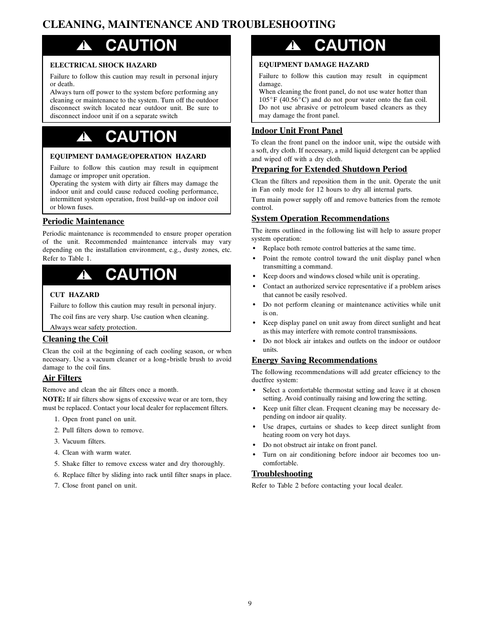 Caution, Cleaning, maintenance and troubleshooting | Bryant 538MNC User Manual | Page 9 / 10