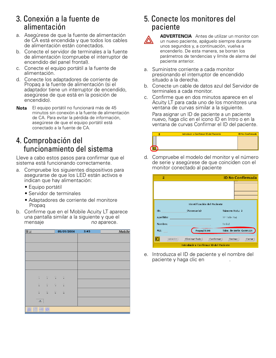 Conexión a la fuente de alimentación, Comprobación del funcionamiento del sistema, Conecte los monitores del paciente | Welch Allyn Mobile Acuity LT, 7.X - Installation Guide User Manual | Page 3 / 4