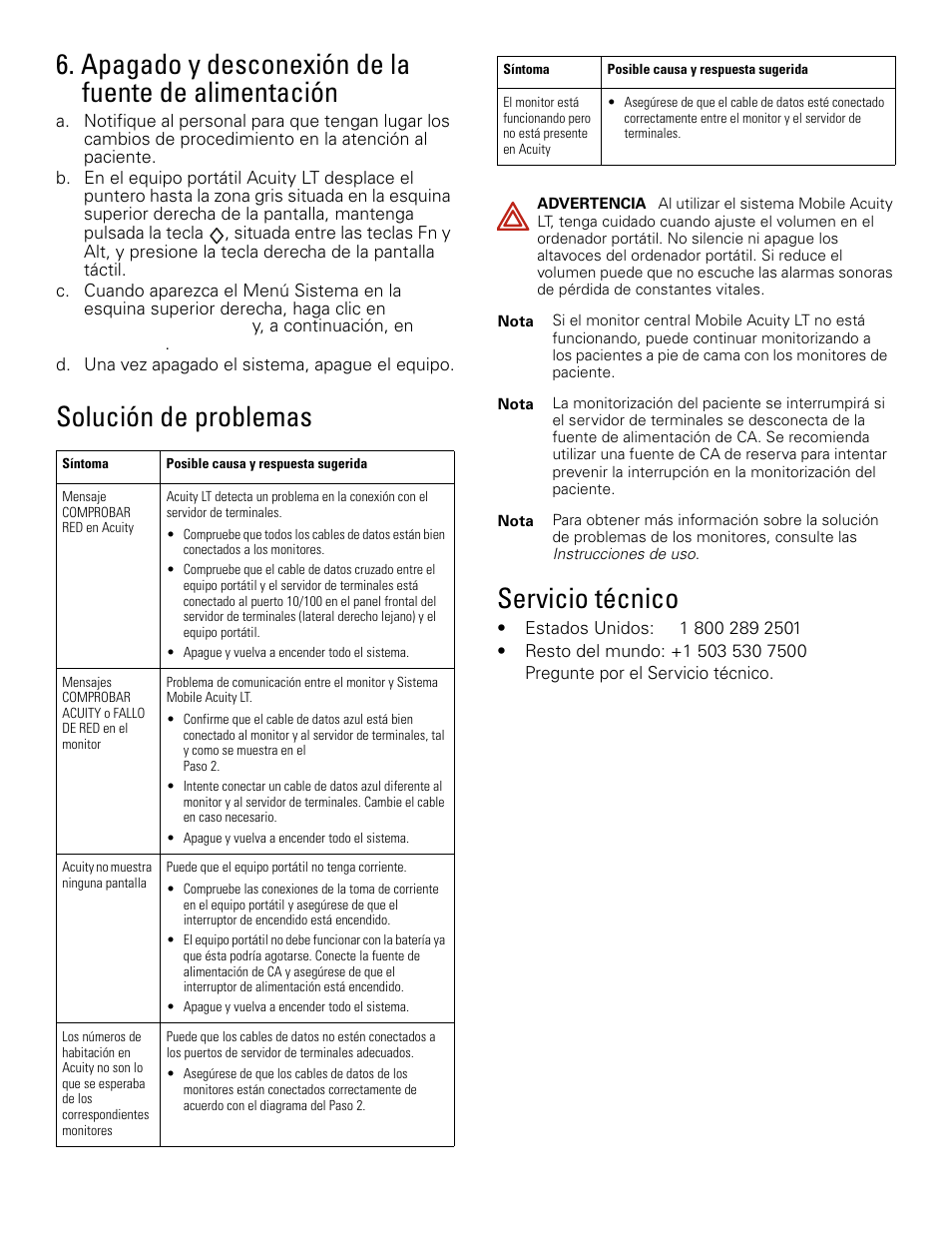 Apagado y desconexión de la fuente de alimentación, Solución de problemas servicio técnico | Welch Allyn Mobile Acuity LT, 7.X - Installation Guide User Manual | Page 4 / 4