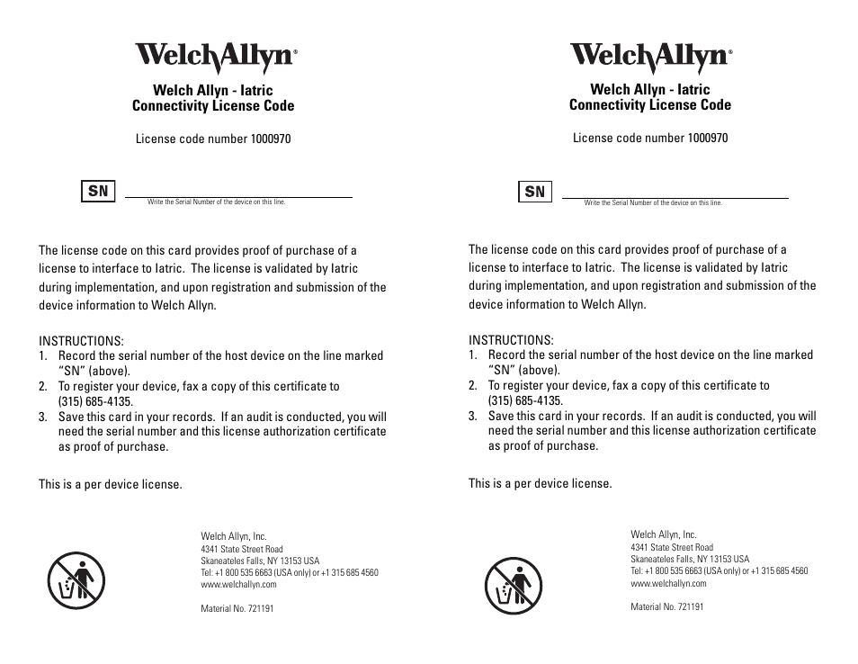 Welch Allyn Carenow Connectivity License Code - Installation Guide User Manual | 1 page