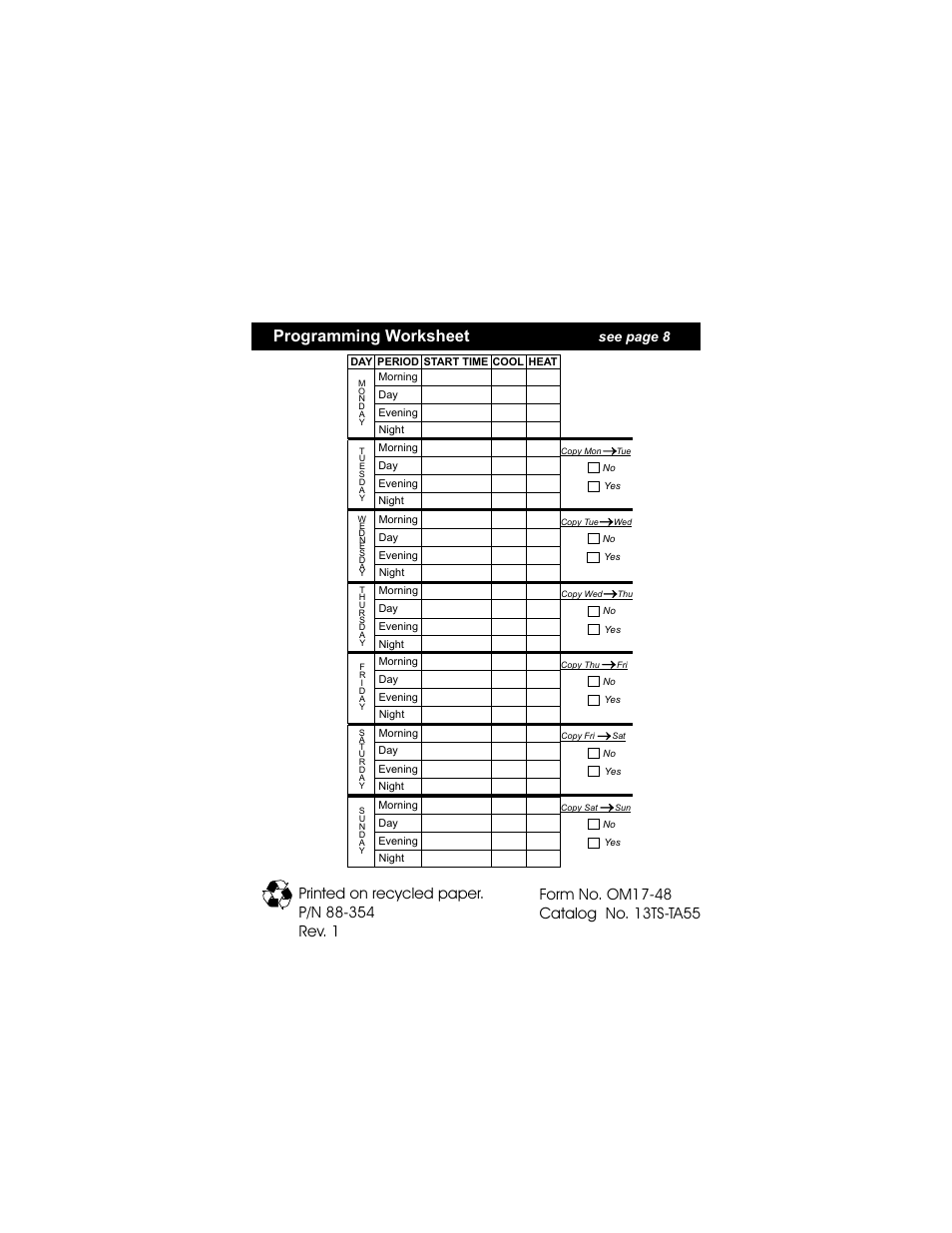 Programming worksheet, See page 8 | Bryant gas furnaces User Manual | Page 24 / 24
