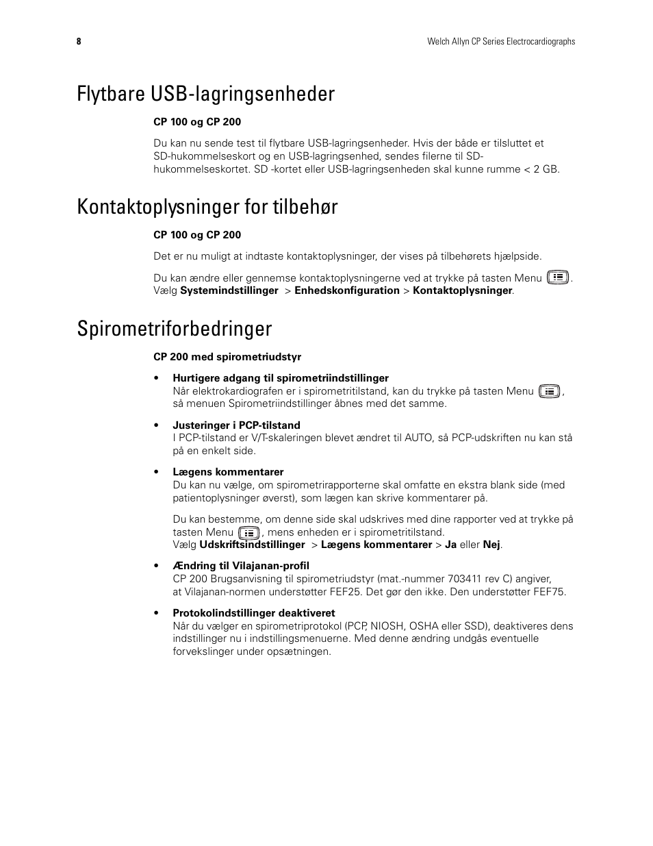 Flytbare usb-lagringsenheder, Kontaktoplysninger for tilbehør, Spirometriforbedringer | Welch Allyn CP100 CP200 Software Update 2.1 - Installation Guide User Manual | Page 10 / 44