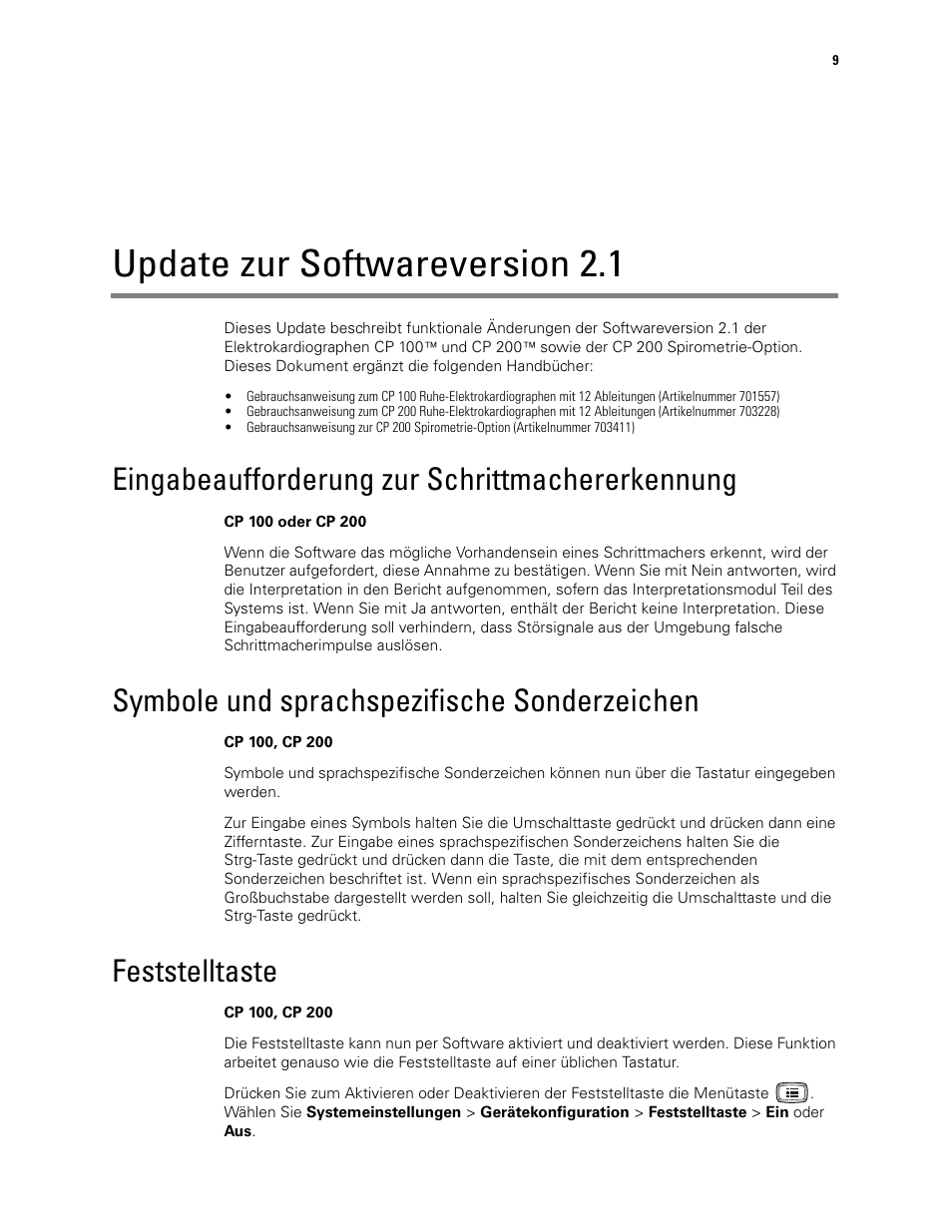 Update zur softwareversion 2.1, Eingabeaufforderung zur schrittmachererkennung, Symbole und sprachspezifische sonderzeichen | Feststelltaste | Welch Allyn CP100 CP200 Software Update 2.1 - Installation Guide User Manual | Page 11 / 44