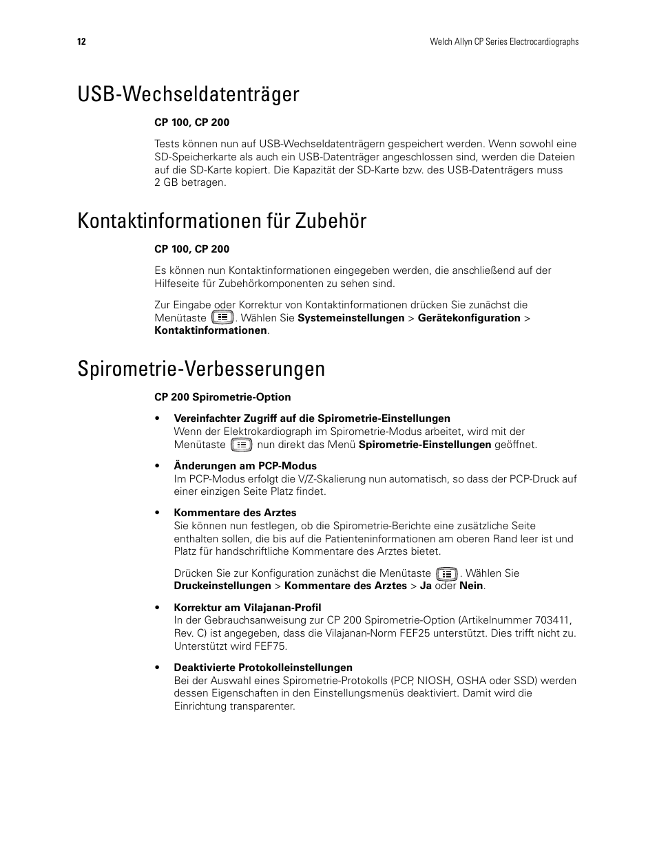 Usb-wechseldatenträger, Kontaktinformationen für zubehör, Spirometrie-verbesserungen | Welch Allyn CP100 CP200 Software Update 2.1 - Installation Guide User Manual | Page 14 / 44