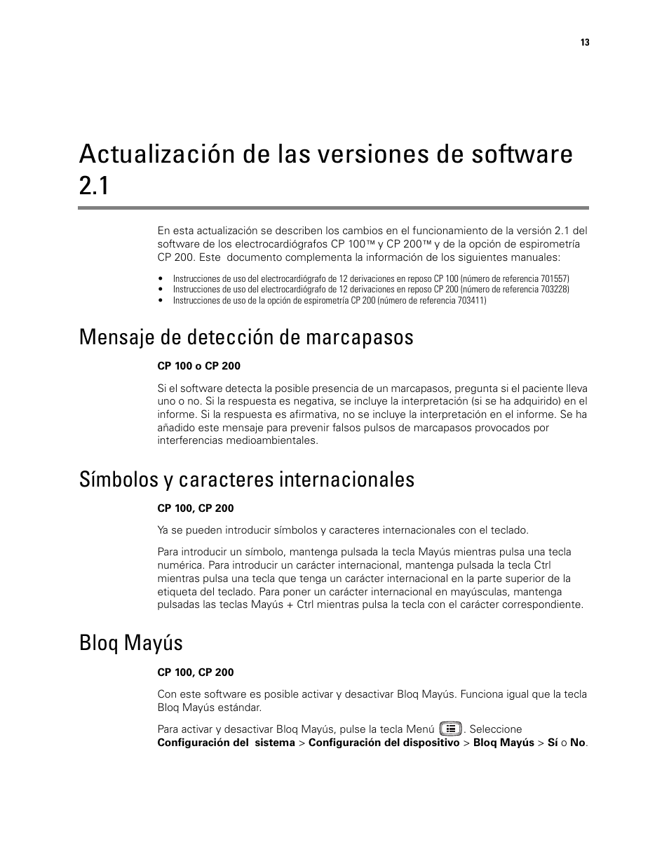 Actualización de las versiones de software 2.1, Mensaje de detección de marcapasos, Símbolos y caracteres internacionales | Bloq mayús | Welch Allyn CP100 CP200 Software Update 2.1 - Installation Guide User Manual | Page 15 / 44