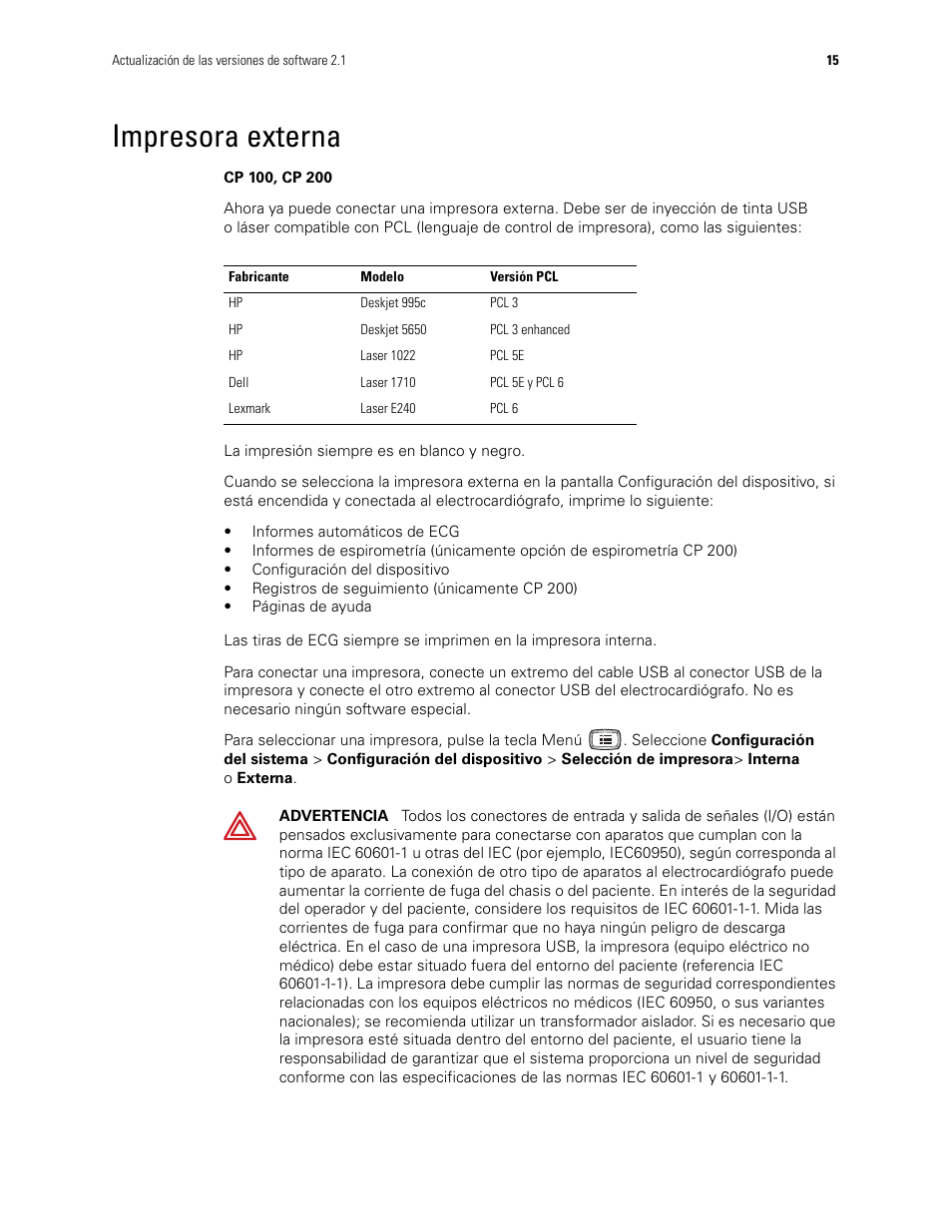 Impresora externa | Welch Allyn CP100 CP200 Software Update 2.1 - Installation Guide User Manual | Page 17 / 44