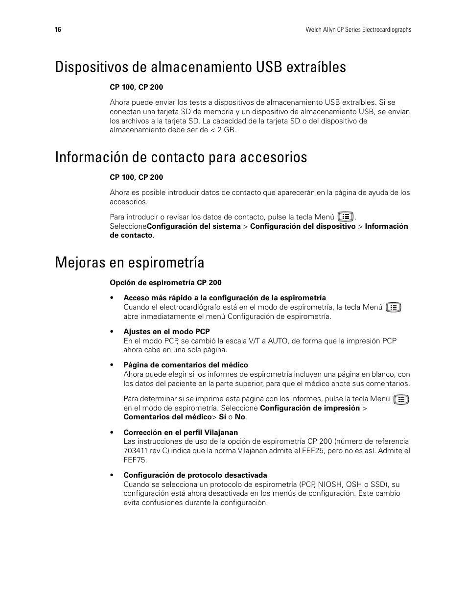 Dispositivos de almacenamiento usb extraíbles, Información de contacto para accesorios, Mejoras en espirometría | Welch Allyn CP100 CP200 Software Update 2.1 - Installation Guide User Manual | Page 18 / 44