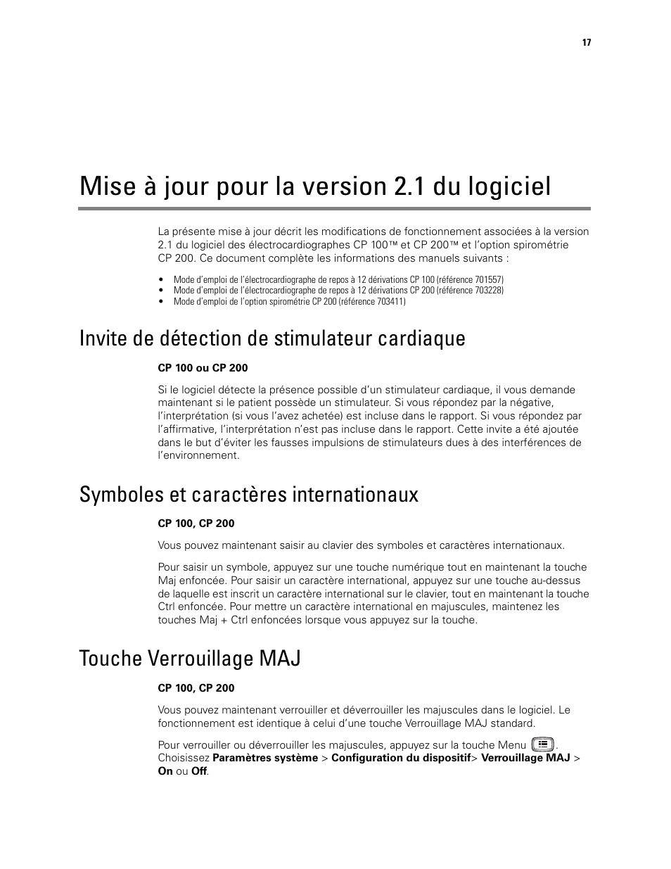 Mise à jour pour la version 2.1 du logiciel, Invite de détection de stimulateur cardiaque, Symboles et caractères internationaux | Touche verrouillage maj | Welch Allyn CP100 CP200 Software Update 2.1 - Installation Guide User Manual | Page 19 / 44