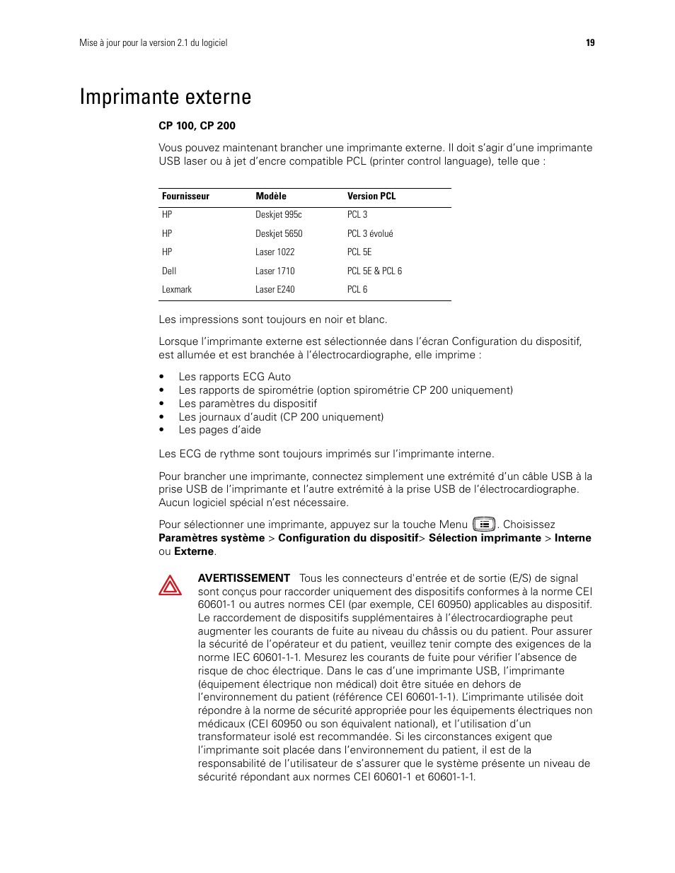 Imprimante externe | Welch Allyn CP100 CP200 Software Update 2.1 - Installation Guide User Manual | Page 21 / 44