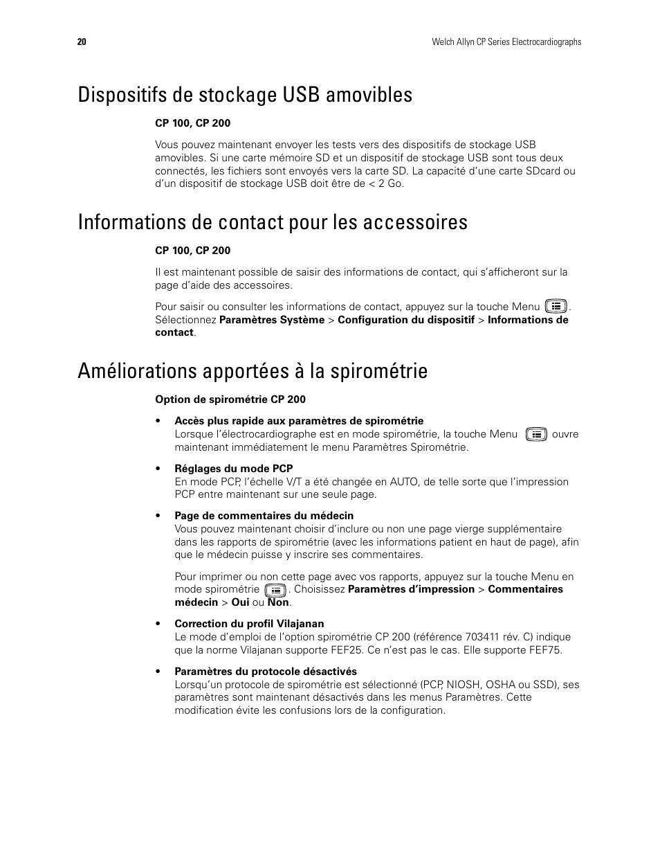 Dispositifs de stockage usb amovibles, Informations de contact pour les accessoires, Améliorations apportées à la spirométrie | Welch Allyn CP100 CP200 Software Update 2.1 - Installation Guide User Manual | Page 22 / 44