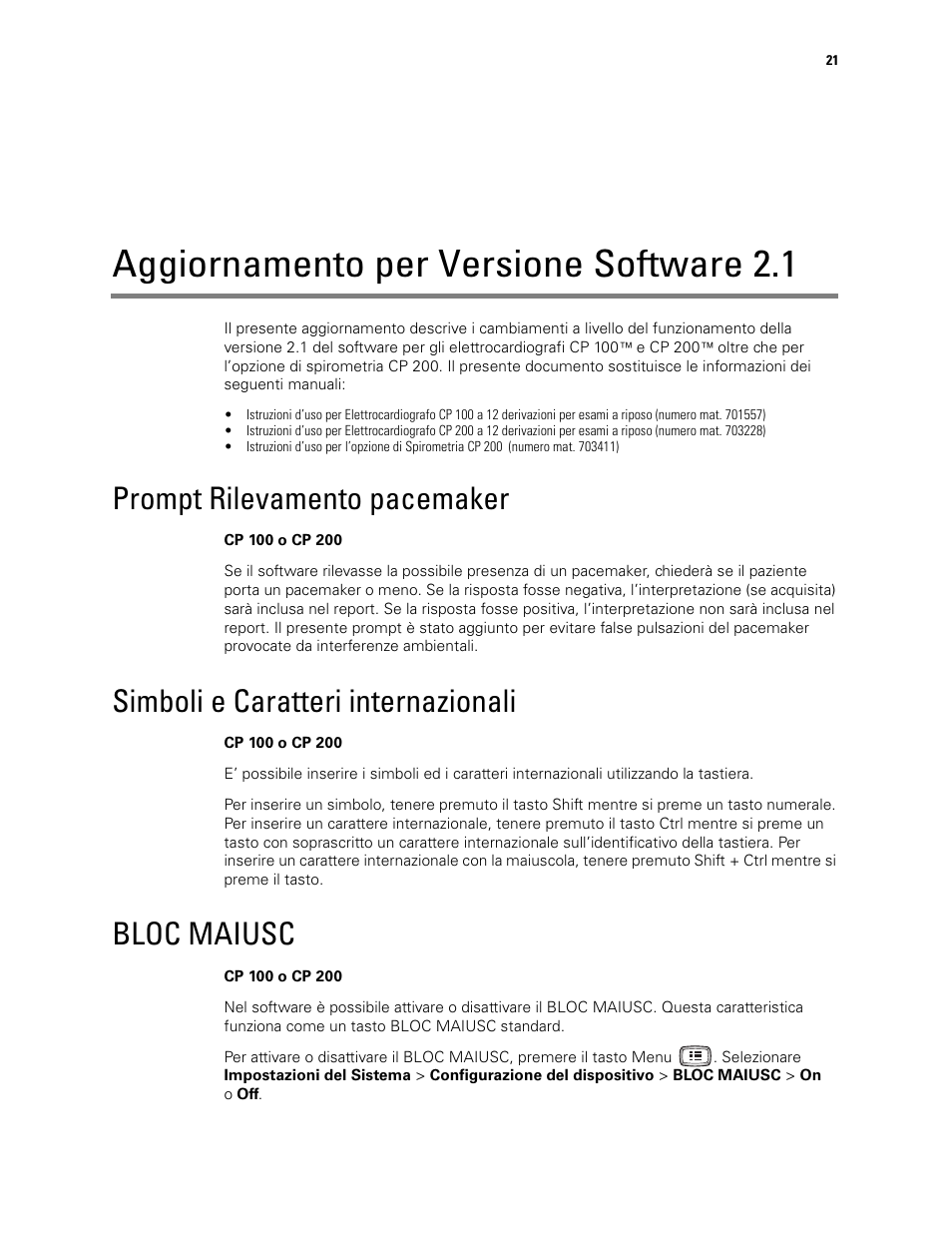 Aggiornamento per versione software 2.1, Prompt rilevamento pacemaker, Simboli e caratteri internazionali | Bloc maiusc | Welch Allyn CP100 CP200 Software Update 2.1 - Installation Guide User Manual | Page 23 / 44