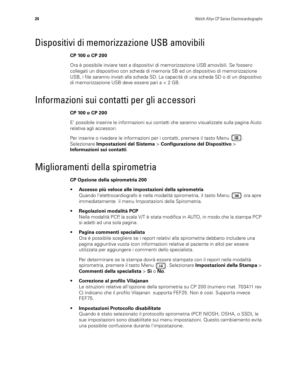 Dispositivi di memorizzazione usb amovibili, Informazioni sui contatti per gli accessori, Miglioramenti della spirometria | Welch Allyn CP100 CP200 Software Update 2.1 - Installation Guide User Manual | Page 26 / 44