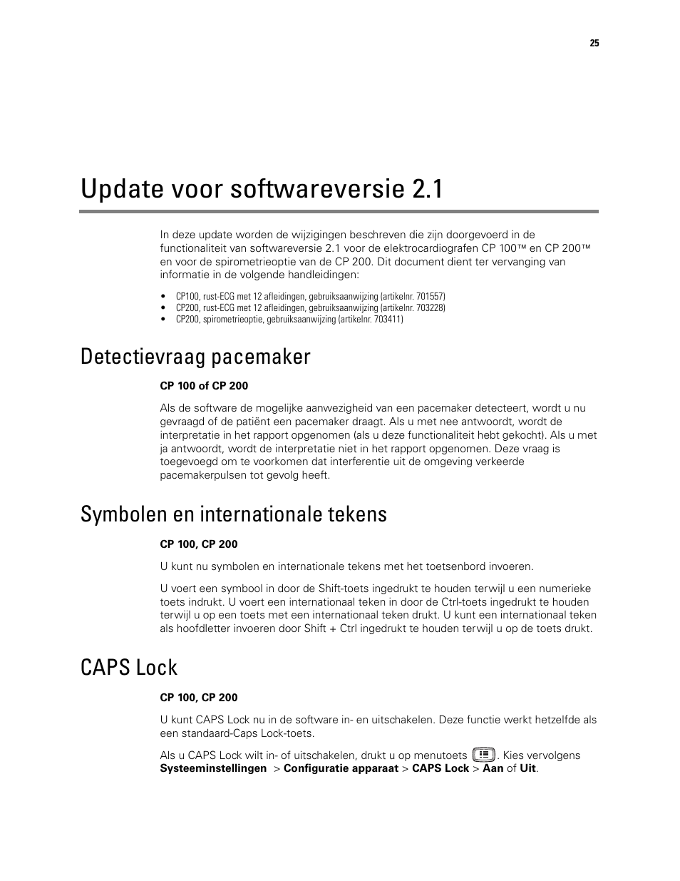 Update voor softwareversie 2.1, Detectievraag pacemaker, Symbolen en internationale tekens | Caps lock | Welch Allyn CP100 CP200 Software Update 2.1 - Installation Guide User Manual | Page 27 / 44