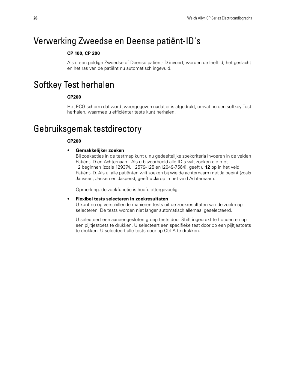 Verwerking zweedse en deense patiënt-id's, Softkey test herhalen, Gebruiksgemak testdirectory | Welch Allyn CP100 CP200 Software Update 2.1 - Installation Guide User Manual | Page 28 / 44