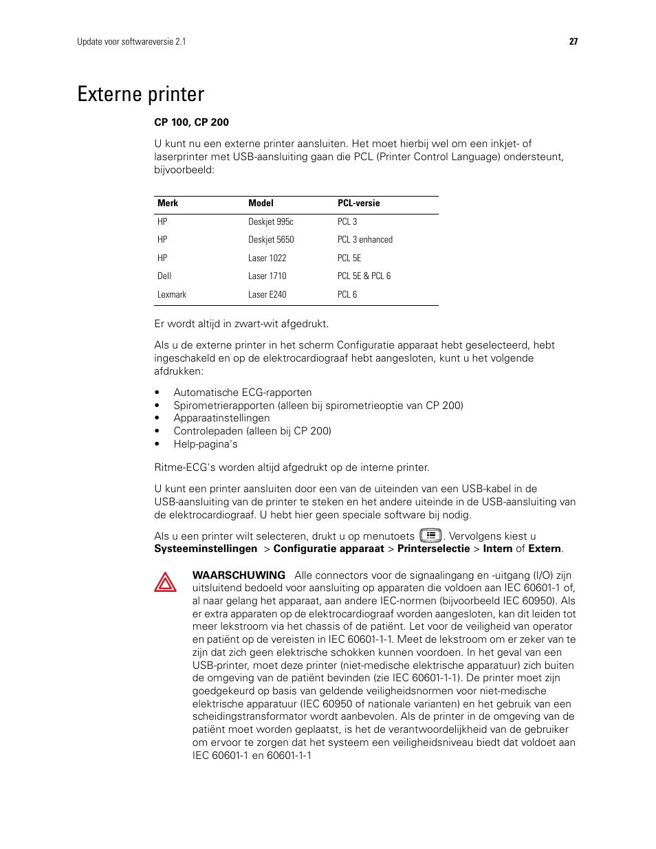 Externe printer | Welch Allyn CP100 CP200 Software Update 2.1 - Installation Guide User Manual | Page 29 / 44