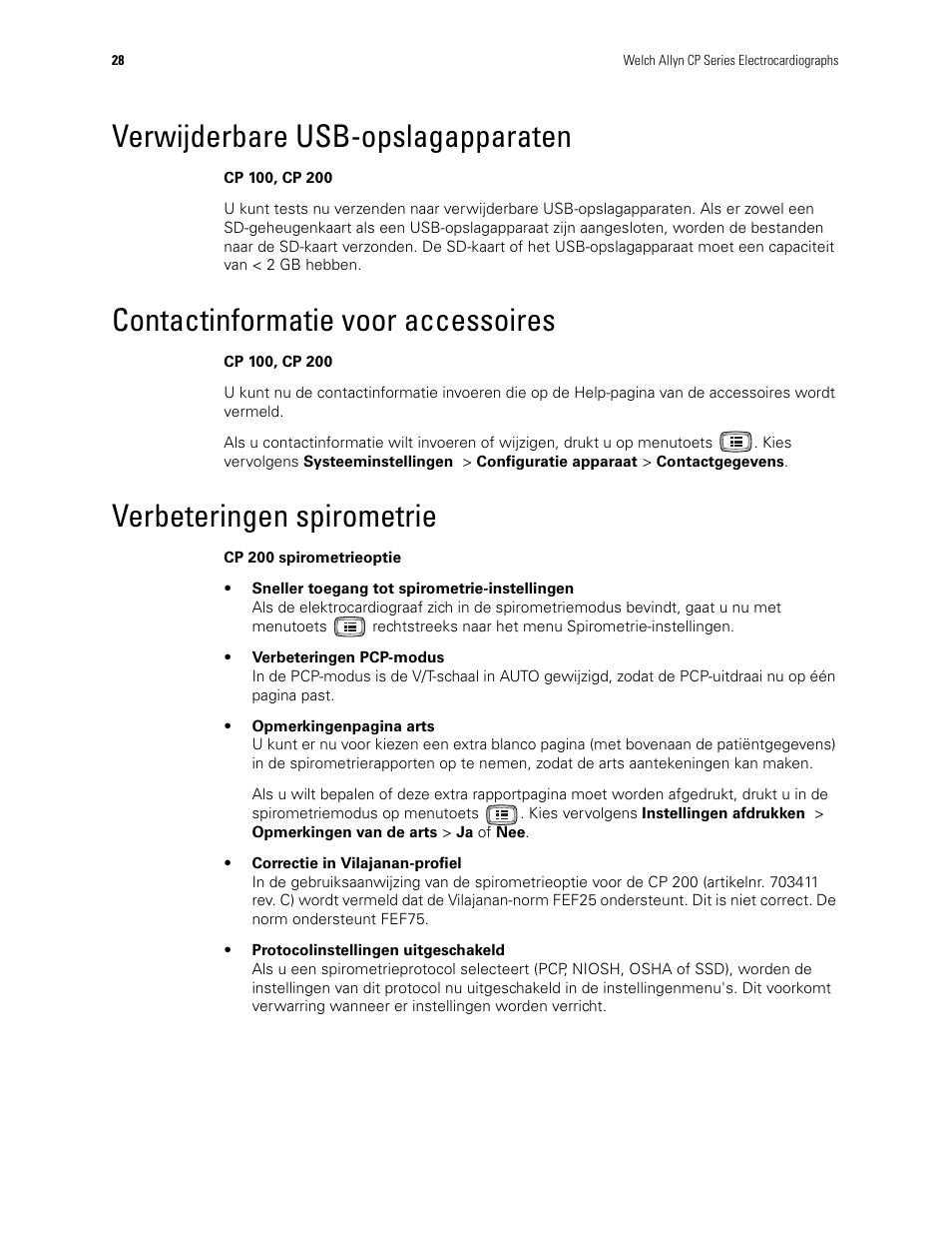 Verwijderbare usb-opslagapparaten, Contactinformatie voor accessoires, Verbeteringen spirometrie | Welch Allyn CP100 CP200 Software Update 2.1 - Installation Guide User Manual | Page 30 / 44