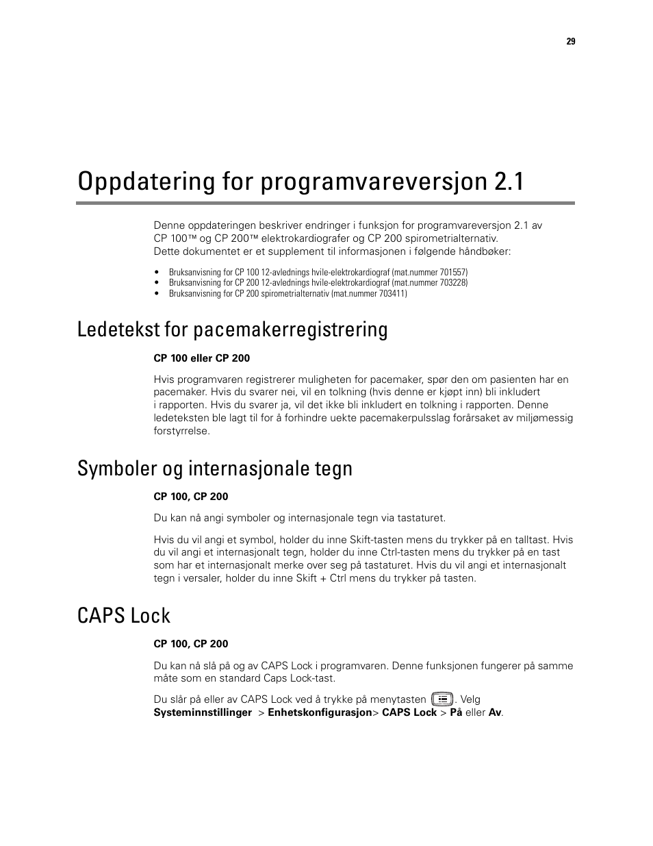 Oppdatering for programvareversjon 2.1, Ledetekst for pacemakerregistrering, Symboler og internasjonale tegn | Caps lock | Welch Allyn CP100 CP200 Software Update 2.1 - Installation Guide User Manual | Page 31 / 44