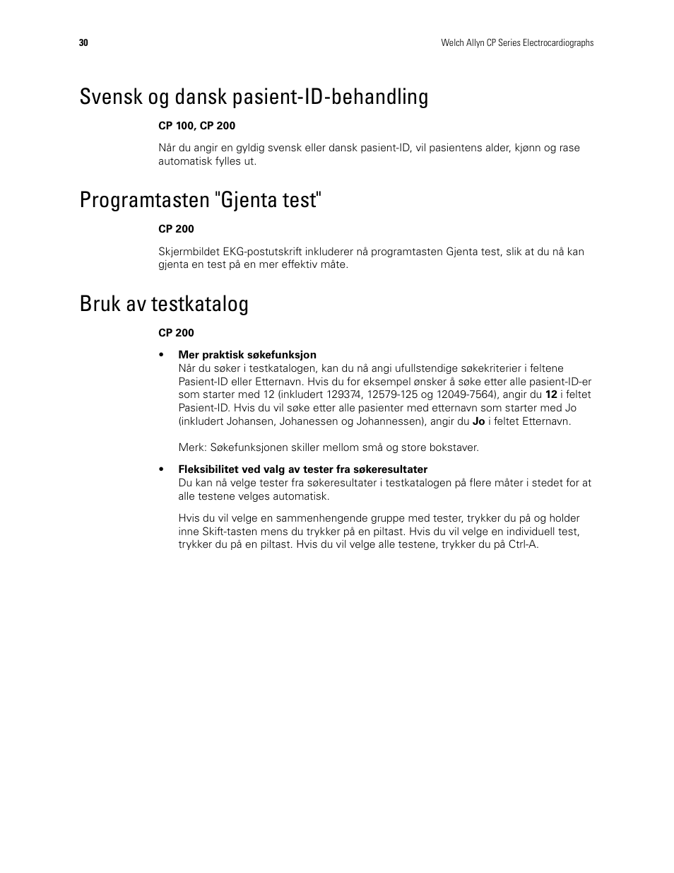 Svensk og dansk pasient-id-behandling, Programtasten "gjenta test, Bruk av testkatalog | Welch Allyn CP100 CP200 Software Update 2.1 - Installation Guide User Manual | Page 32 / 44