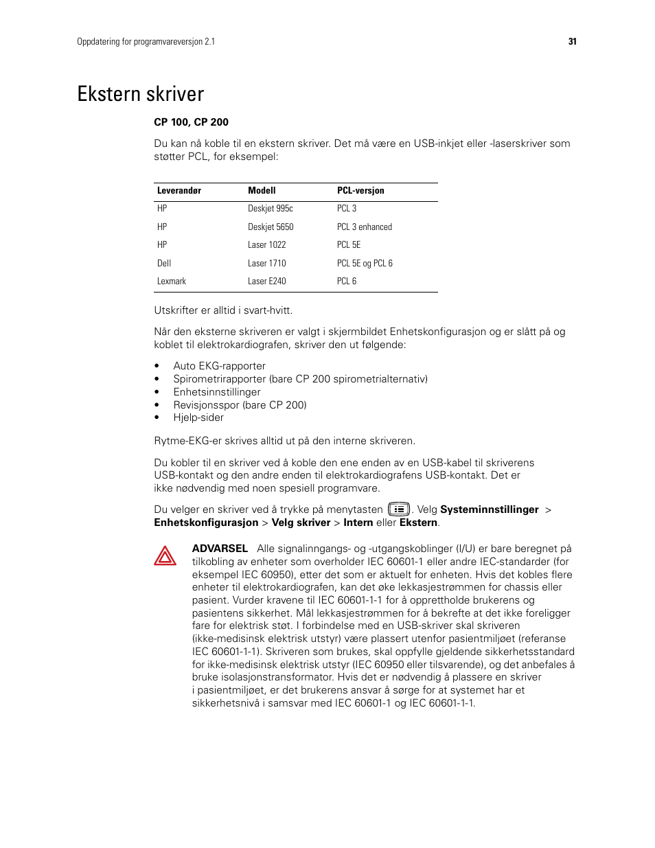 Ekstern skriver | Welch Allyn CP100 CP200 Software Update 2.1 - Installation Guide User Manual | Page 33 / 44