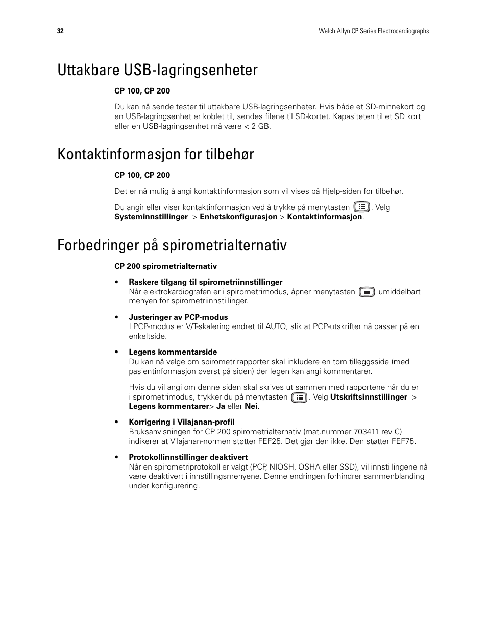 Uttakbare usb-lagringsenheter, Kontaktinformasjon for tilbehør, Forbedringer på spirometrialternativ | Welch Allyn CP100 CP200 Software Update 2.1 - Installation Guide User Manual | Page 34 / 44