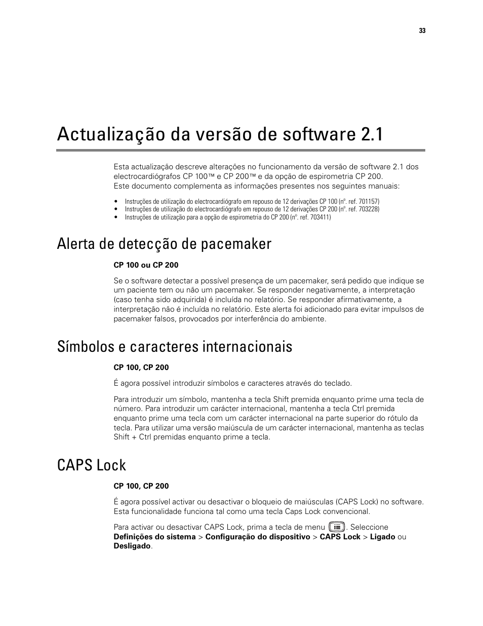 Actualização da versão de software 2.1, Alerta de detecção de pacemaker, Símbolos e caracteres internacionais | Caps lock | Welch Allyn CP100 CP200 Software Update 2.1 - Installation Guide User Manual | Page 35 / 44
