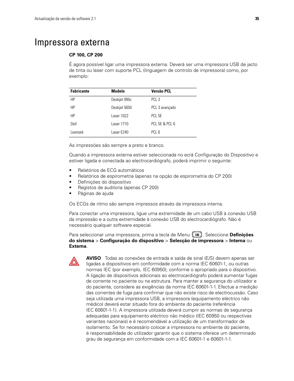 Impressora externa | Welch Allyn CP100 CP200 Software Update 2.1 - Installation Guide User Manual | Page 37 / 44
